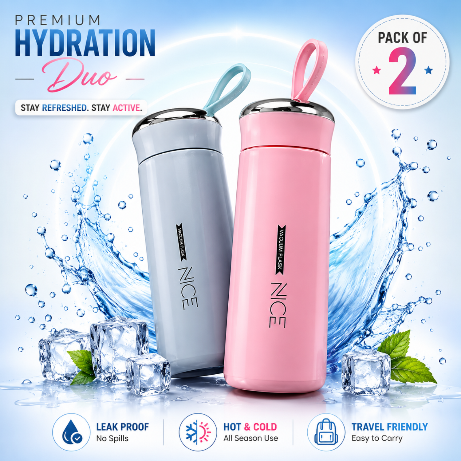 1500x1500 400ml Leak Proof Glass Water Bottle Combo Pack of 2 | Pink & Light Blue Glass Bottles - Image 1
