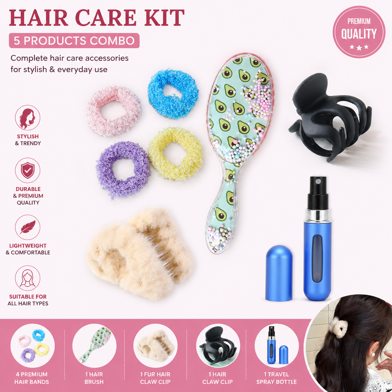 Premium Hair Care Accessories 5 Piece Combo Set Hair care kit 5 products combo with hair bands clips brush and claw clips for women