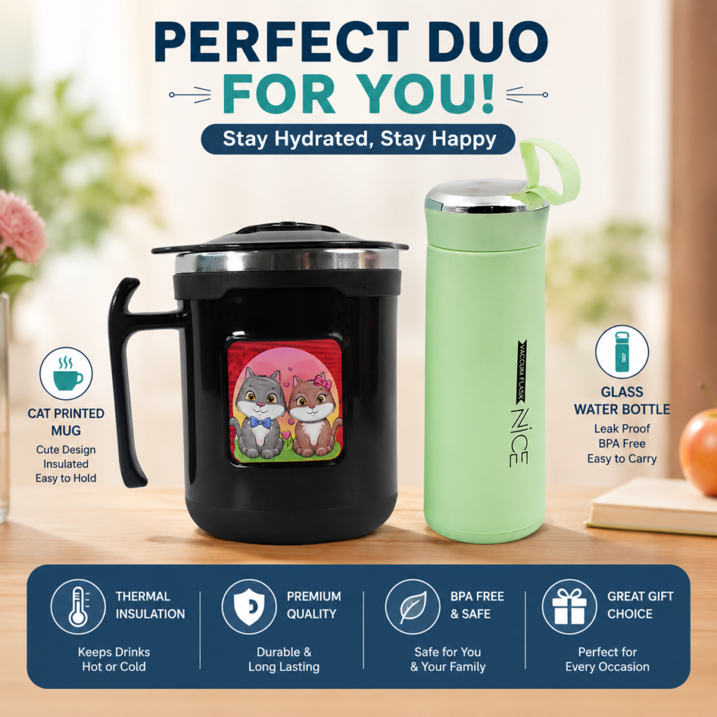 Cat Print Mug and Glass Water Bottle Combo with 250ml Insulated Mug and 400ml Leakproof Bottle