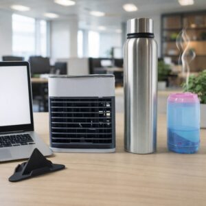 Office Essentials Combo Set with Mini Air Cooler Stainless Steel Water Bottle and Sipper Bottle