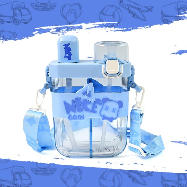 2 in 1 water bottle with dual compartments straw and strap design for kids school travel