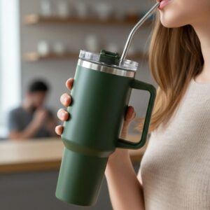1200ml Insulated Travel Mug with Handle Straw and Lid