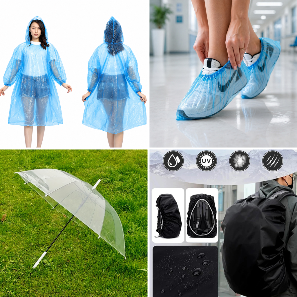 Rain protection combo pack with umbrella bag rain cover disposable raincoat and shoe cover
