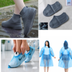 Rain protection combo pack with disposable raincoat disposable shoe covers and reusable silicone waterproof shoe cover