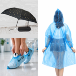 Monsoon essentials kit with folding umbrella disposable raincoat and waterproof shoe covers