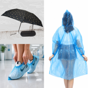 Monsoon essentials kit with folding umbrella disposable raincoat and waterproof shoe covers
