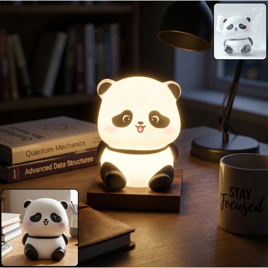 Cute mini panda night light lamp with soft warm LED glow for kids bedroom bedside table