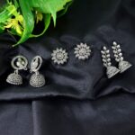 Oxidized Jhumka Earrings Combo Set of 3 with floral studs peacock jhumkas and traditional oxidized earrings for women